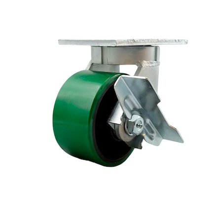Service Caster 6'' Extra Heavy Duty Green Poly on Cast Iron Wheel Swivel Caster with Brake CRAN-SCC-KP92S630-PUR-GB-SLB